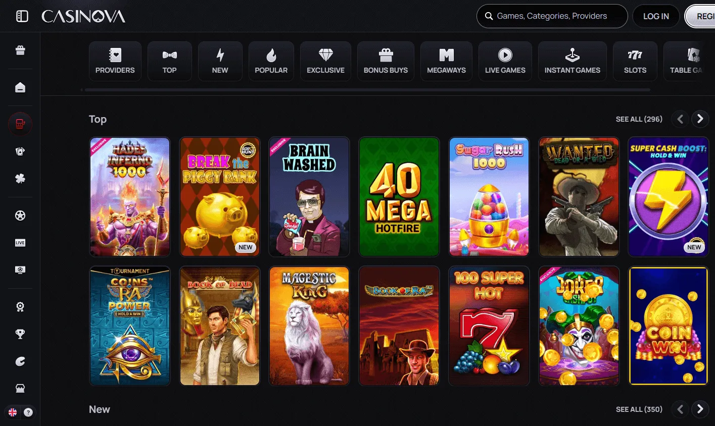 Casinova Casino games catalogue on desktop