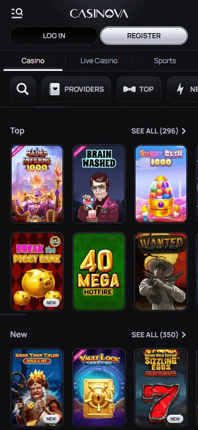 Casinova Casino games catalogue on a mobile device