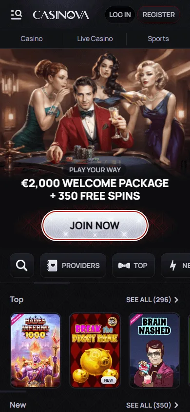 Casinova Casino home screen on a mobile device