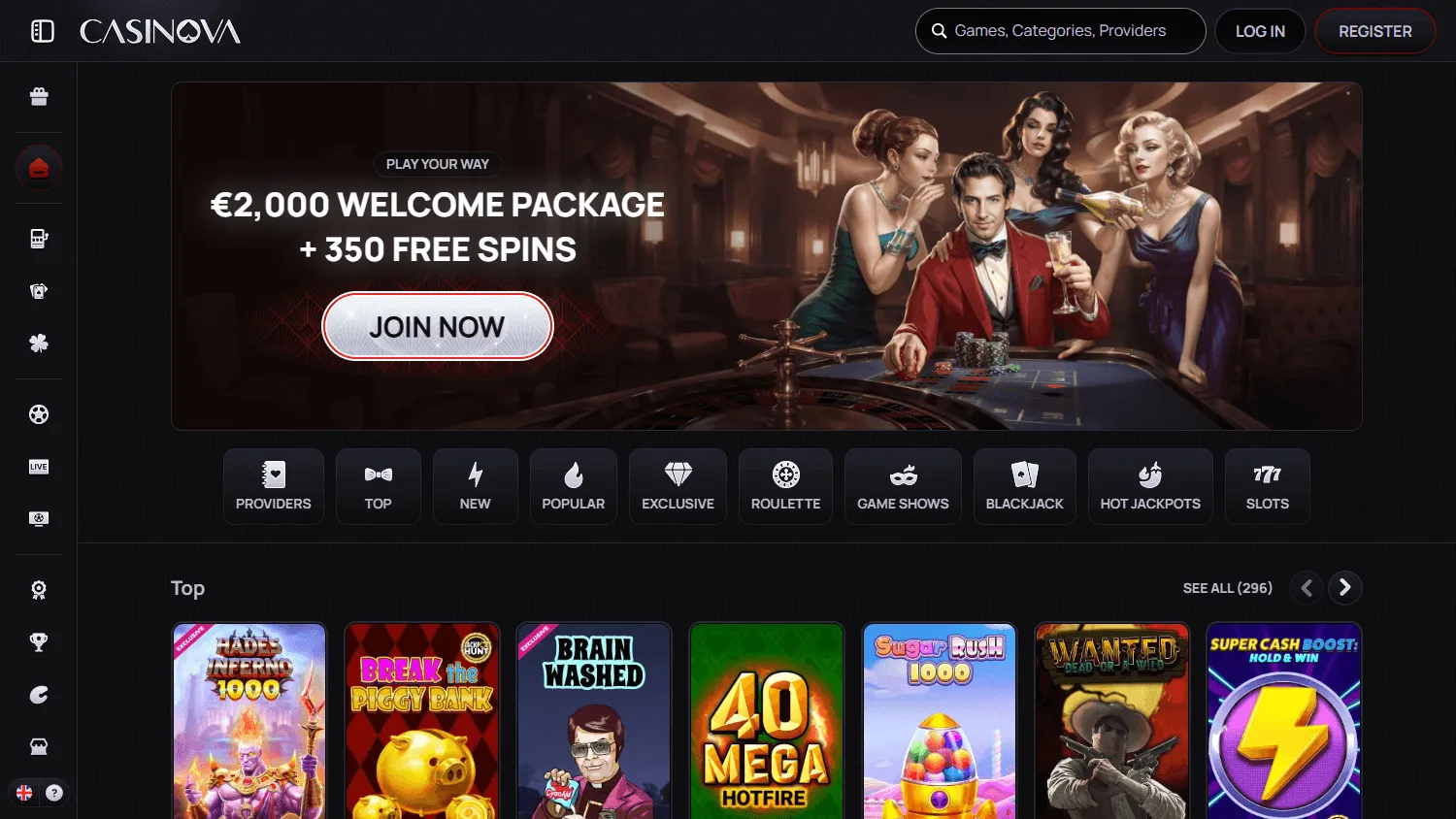 Casinova Casino home screen on desktop