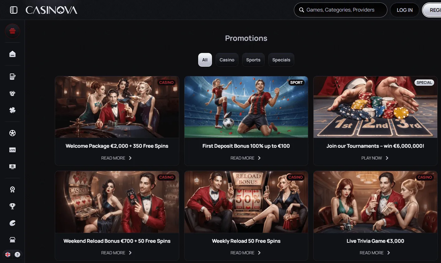 Casinova Casino promotions area on desktop