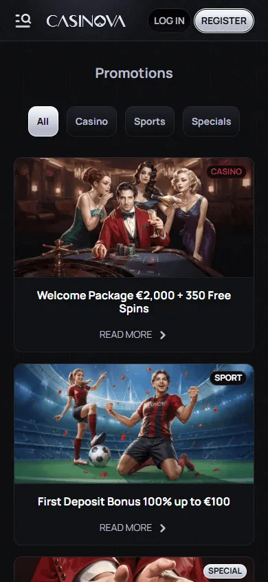Casinova Casino promotions area on a mobile device